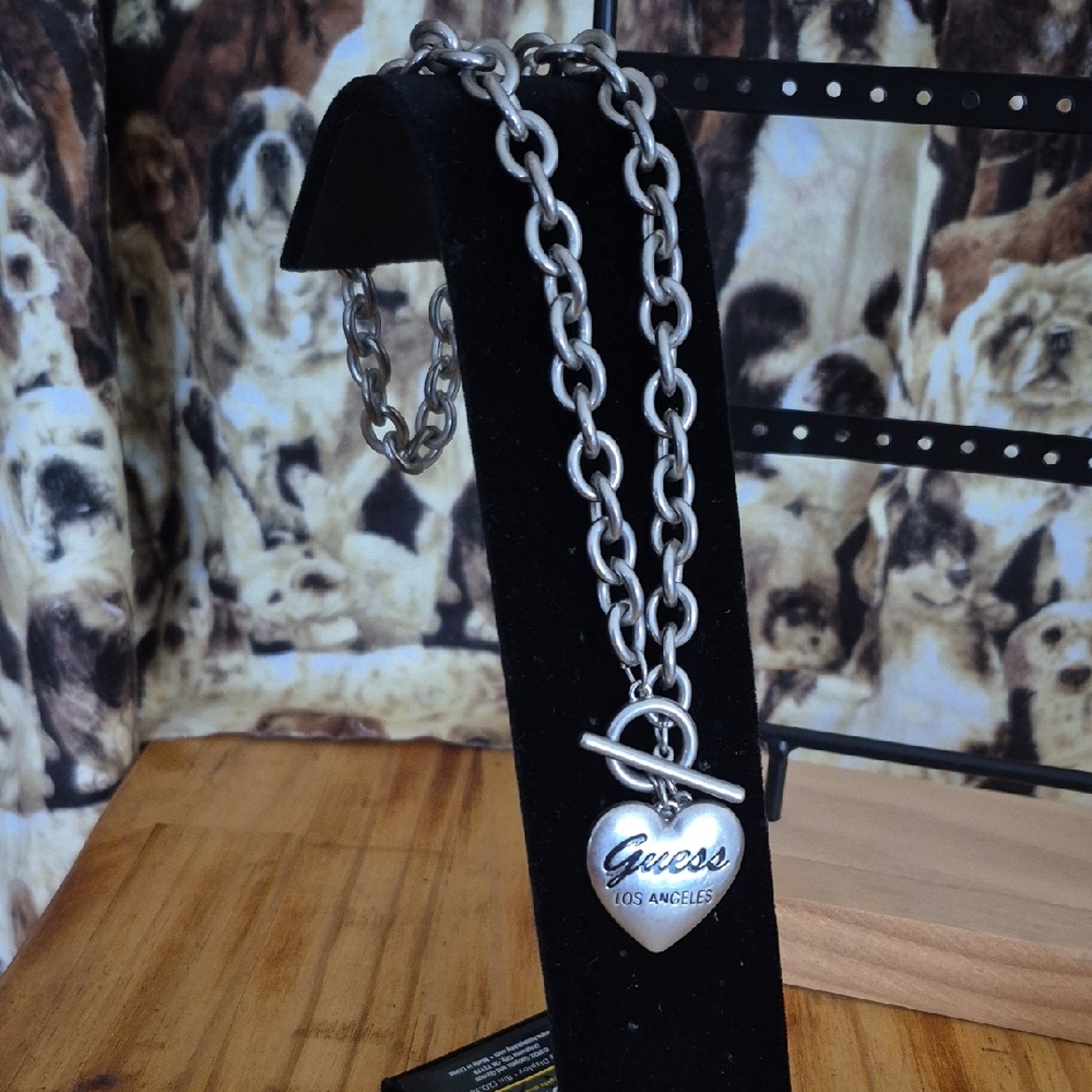 Guess Silver Heart Toggle Necklace with Script Logo